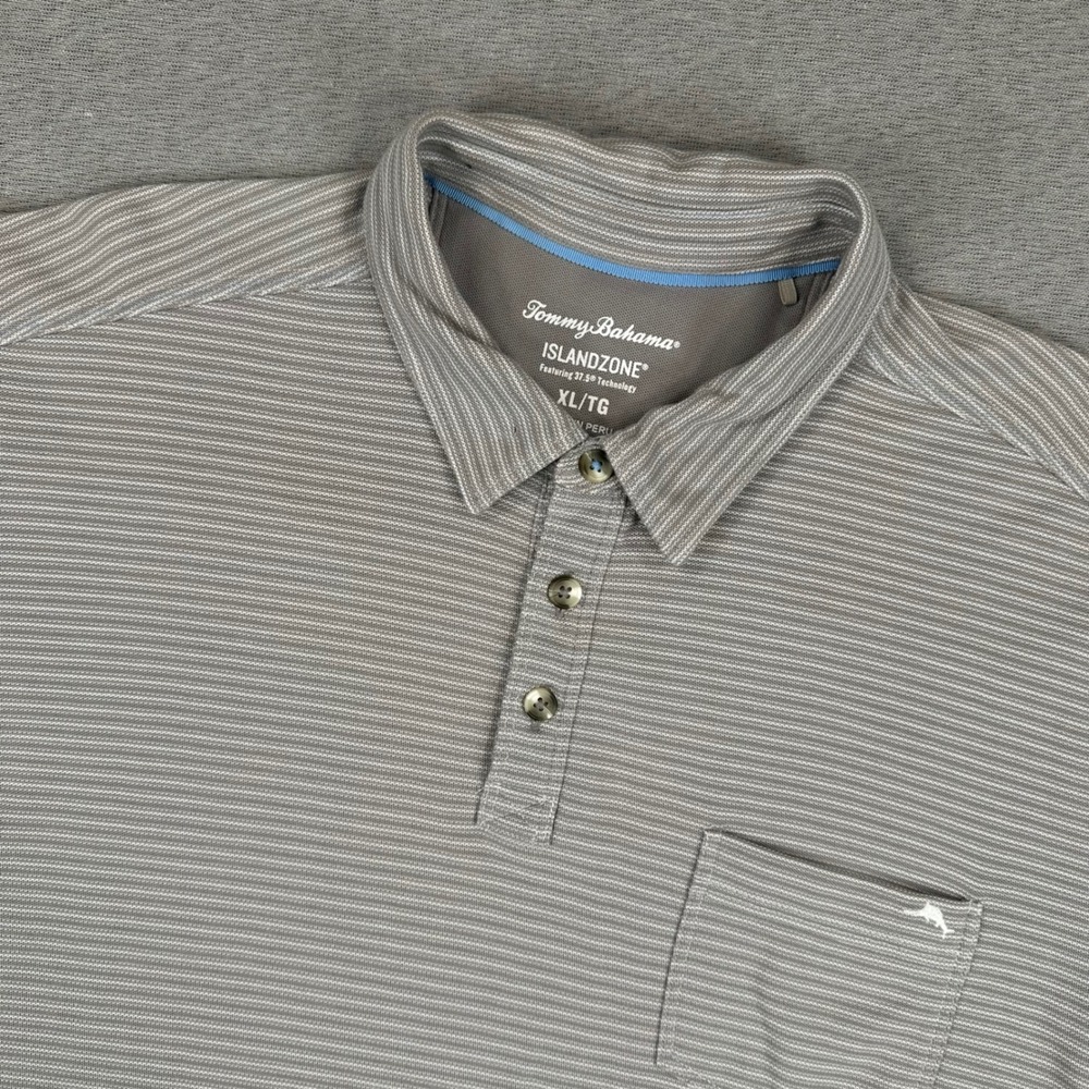 Tommy Bahama IslandZone Polo Shirt Mens XL Grey Striped Pima Cotton Blend Pocket
